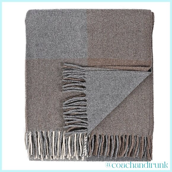 SCOTTISH IMPORT THROW Shades of Taupe Ivory Grey Block Check Herringbone NWT - Picture 6 of 8